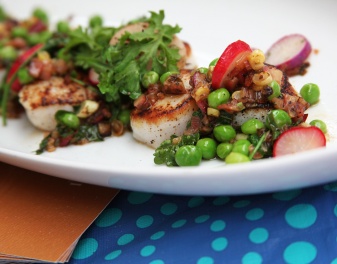 Make Jody's Sautéed Scallops w/ Peas & Rhubarb-Radish Relish 