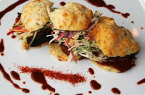 Brisket Sliders on Rosemary Cheddar Biscuits