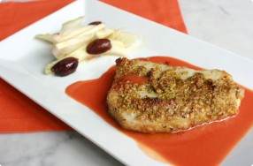 Sea Bass Pistachio w/ Fennel Salad & Blood Orange Sauce