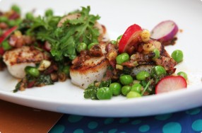 Sautéed Scallops w/ Peas & Rhubarb-Radish Relish