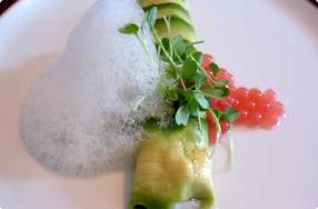 Avocado-Wrapped Ceviche w/ Tomato Pearls & Lemon/Lime Air